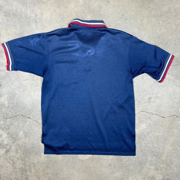 Vintage Majestic Polo Shirt Blank USA Flag Patch Mens Medium Blue Collared - Picture 6 of 8